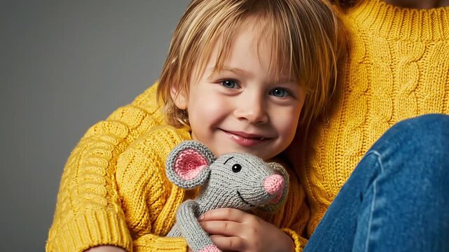Sad little girl holding a small grey mouse toy while hiding behind her mother feeling scared inside the living room