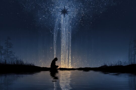 Woman pouring liquid by reflective water, night sky with seven-point star