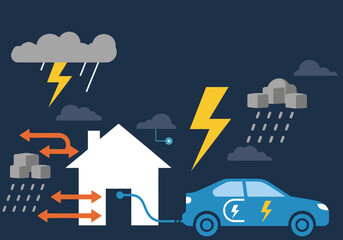 Fototapeta premium A dynamic illustration depicts a home with EV charging during a storm, showcasing backup power. Modern, graphic style. Ideal for energy, technology, and sustainability concepts.