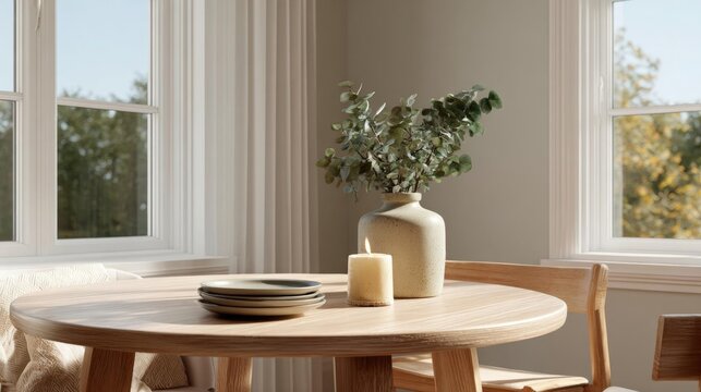 Round wooden dining table in a room with large windows. the table is in the center of the room and is surrounded by two wooden chairs.