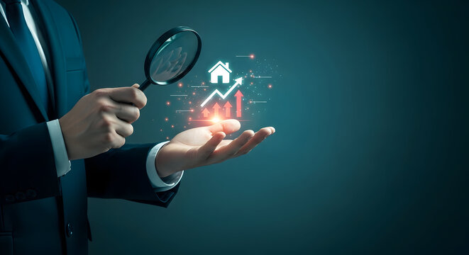 Businessman holding magnifying glass looking at house investment hologram representing real estate market growth and property value success