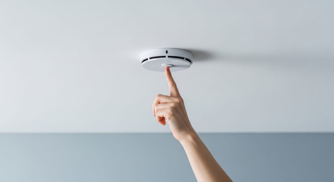 Hand pressing a smoke detector button on the ceiling, performing a routine safety check to ensure fire protection in a modern home.