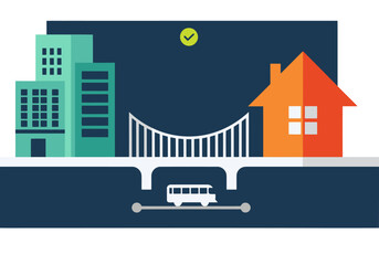 Fototapeta premium Illustrative graphic showcasing hybrid work success ? a bridge connecting a city skyline and a house. Modern, vibrant design promotes flexible work life balance.