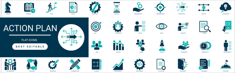 Strategic Roadmap and Action Plan Solid Icon Set Business Execution, Goal, Task, Management, Workflow, Strategy, Process, Professional Vector Editable © Iconova Studio