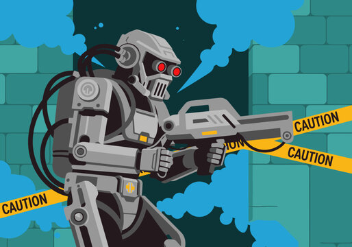 A menacing hydraulic rescue robot in a distressed setting. Caution tape and industrial design create a striking, dynamic image. Perfect for tech, sci-fi, or warning graphics.
