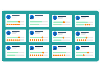 A modern task queue graphic displays multiple asynchronous workflows. Clean, flat design with teal and orange accents. Ideal for illustrating process management and workflow automation.