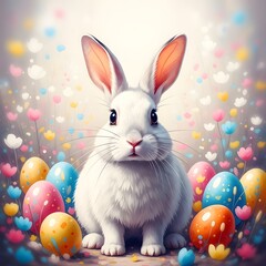 Easter monday celebration with white bunny and colorful eggs