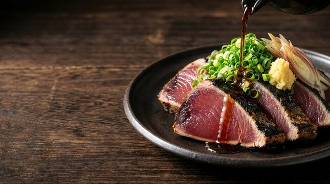 Pouring Ponzu Sauce over Seared Bonito Tataki with Fresh Toppings - Dynamic Japanese Food Photography with Copy Space
