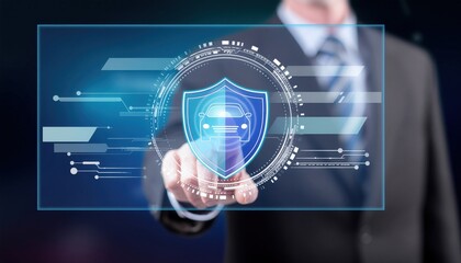 Fototapeta premium A business professional interacts with advanced cybersecurity technology, symbolizing data protection and innovation.