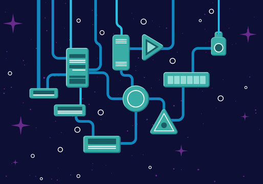 stylized futuristic tech illustration showcases asynchronous workflows with interconnected components Bold teal lines and geometric shapes create a modern dynamic design