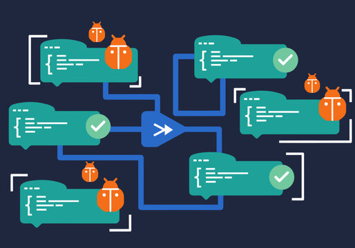 Visual representation of an asynchronous development code flow. Modern, stylized icons depict coding, testing, and deployment. Clean, professional design for tech concepts.