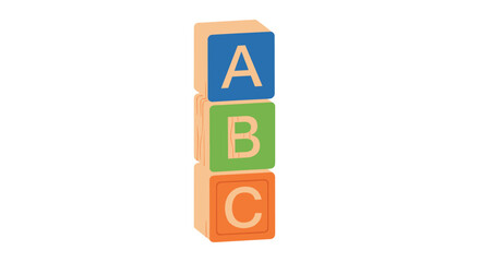 Three wooden toy blocks with the letters A B and C are stacked vertically showing blue green and orange faces on a white background.