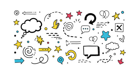 Hand drawn doodle elements set with arrows stars and speech bubbles.