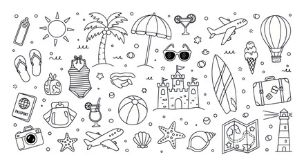 Hand drawn doodle set of summer vacation and travel elements. © DOG2