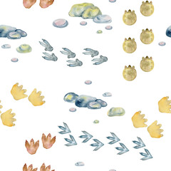 Watercolor seamless pattern with dinosaur paw prints. Hand drawn illustration © Tapilipa