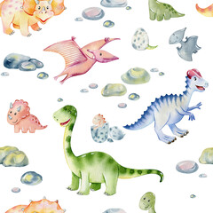 Watercolor seamless pattern with cute dinosaurs. Hand drawn illustration © Tapilipa