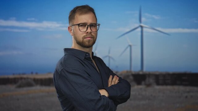 Man with arms crossed by windmill at a building site, bearded wearing glasses and dark shirt; sustainability confidence.