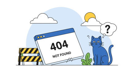 A curious cat stands beside a 404 error page illustration outdoors with road barriers and clouds © Fendi