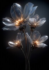 Vintage steampunk flowers made of polished steel with thin mechanical petals and steam tubes. Ultra realism Victorian techno design and antique industrial art concept