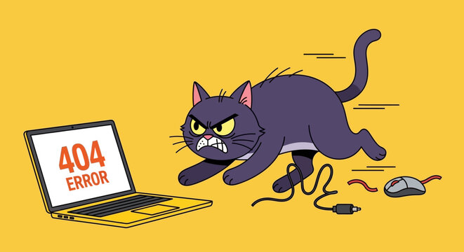 A cartoon black cat reacts to a 404 error on a laptop screen, showcasing frustration with a torn wire on a yellow background from a front viewpoint