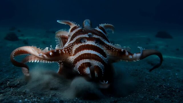 Large octopus crawls on ocean floor with tentacles spread wide slowly