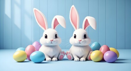 Fototapeta premium Easter monday celebration with adorable white rabbits and colorful eggs