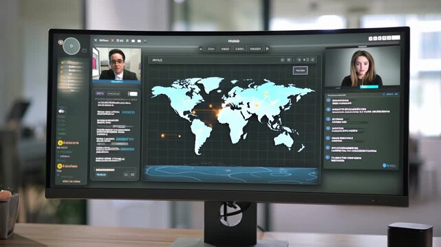 Modern Computer Monitor Displays Global Map and Video Conference.