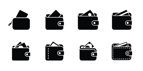Black wallet icons with cash and cards on white background
