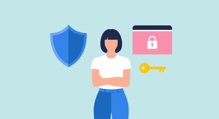 A woman stands confidently with a shield and key icons representing security online protection and password safety © Fendi