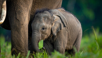 Fototapeta premium Baby elephant hiding behind its mother in a grassy field.