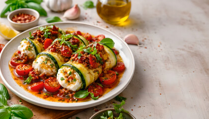 Gourmet Zucchini Roll-Ups Stuffed with Ricotta Cheese and Tomato Basil Sauce