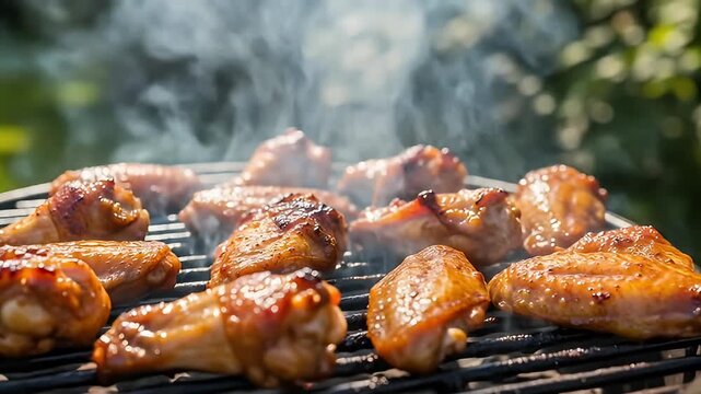 Grilled chicken wings sizzling on a barbecue grill with smoke rising in a sunny outdoor setting