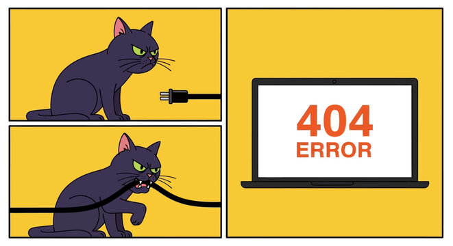 A cartoon cat trying to plug a cord into a laptop displaying a 404 error message on its screen
