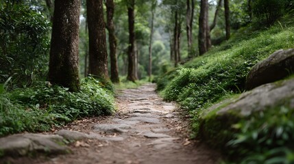Serene stone path winding through a lush green forest flanked by trees and abundant foliage
