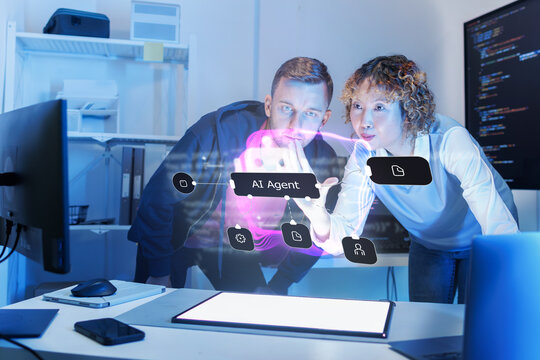 Two Software Engineer, Ai Technology Developer Interacting with Ai Agent Workflow, Agentic Ai, Automation Hologram for development new artificial intelligence technology for business in tech office.