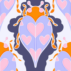 Cotton fabric Illustration sans titreWhimsical heart beetle seamless pattern with pastel lavender and orange ladybug illustrations for romantic textile and wallpaper backgrounds