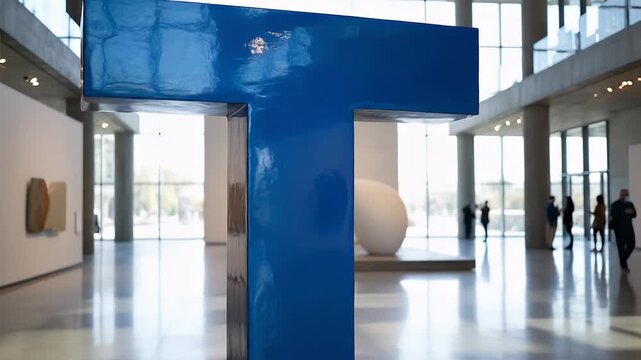 Large blue T sculpture in modern art gallery interior.