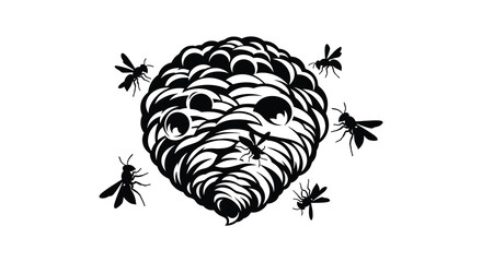 A detailed illustration depicts a beehive surrounded by flying bees rendered as a striking black silhouette high quality © Komla02