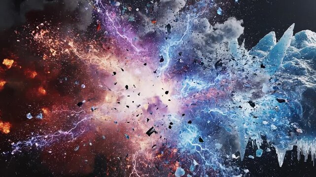 Dramatic fire and ice collision exploding into cosmic colorful debris