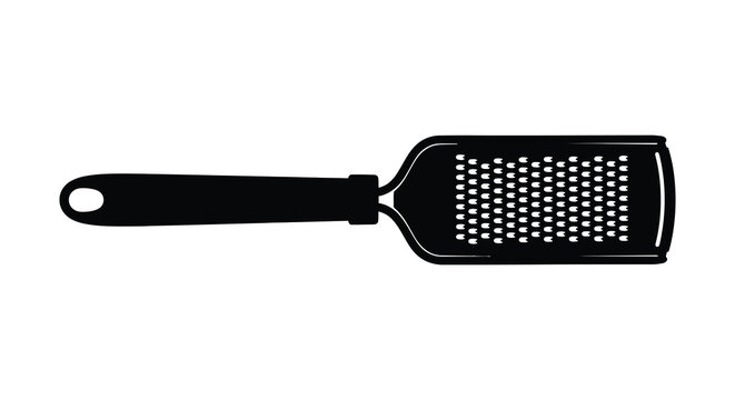 A stark black silhouette of a kitchen utensil specifically a microplane zester against a white background silhouette