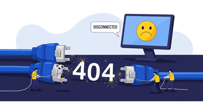 Cables disconnected from devices with error 404 on computer screen in a digital landscape view
