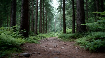 Obraz premium A serene forest path winds through a dense woodland in soft d d light inviting peaceful explo n