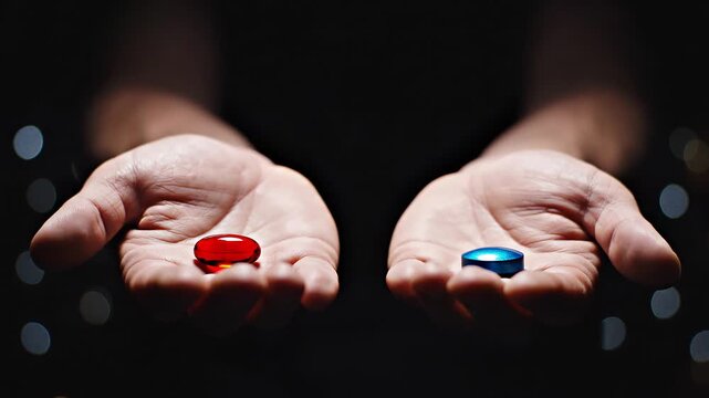 Choice of reality: hand revealing red and blue pills in dramatic sequence