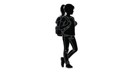 A young woman with a ponytail and backpack stands in profile a striking black silhouette high quality professional © Komla02
