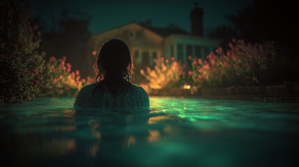 Fototapeta premium Woman emerging from dark lake water at night near haunted house in foggy forest thriller mystery concept for horror posters book covers and cinematic storytelling