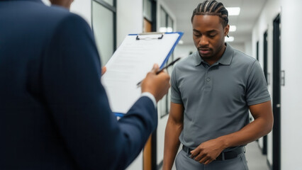Fototapeta premium African-American man looking at floor during argument in workplace hallway, tension and conflict in professional environment