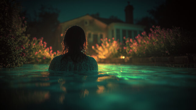 Woman emerging from dark lake water at night near haunted house in foggy forest thriller mystery concept for horror posters book covers and cinematic storytelling
