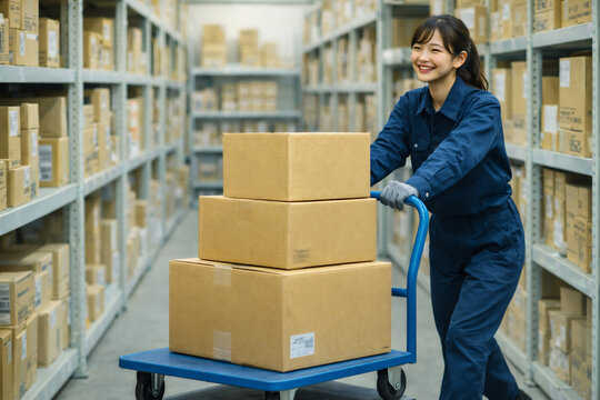 倉庫内作業をする日本人女性