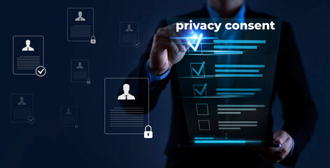 Privacy consent management interface with businessman approving data protection agreement ensuring...