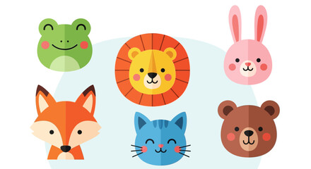 A collection of cartoon animals including a lion, fox, cat, rabbit, and bear, centered around a playful theme.